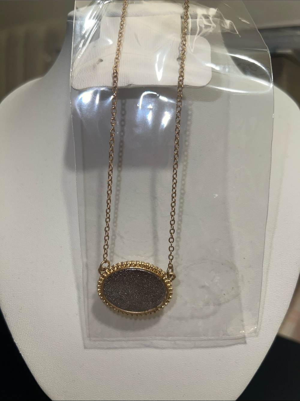 Love Gold-Tone Necklace with Dark Gray Oval Pendant